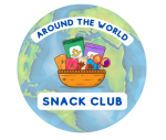 globe; text says: around the world snack club; forefront basket of snacks