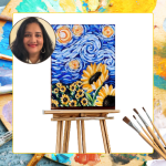 background: paint; midground: white square; foreground van gogh painting and artist
