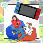 background green ; teens gaming on beanbags