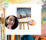 canvas with winter painting on it; artist photograph