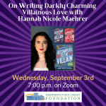 Purple background, picture of author with books, white and yellow text.