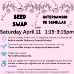 Flyer for Seed Swap with MAMAS (Mutual Aid Medford And Somerville) in English and SPanish