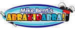 Horizontal ovel in two shades of blue, containg the words Mike Bent's Abrakidabra! The letters are r