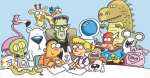 Colorful cartoon of two children drawing, surrounded by a snake, a cat, an alien, a flamingo, a pola