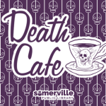 A repeating skull lineart pattern background with a skull teacup in the foreground. Text reads "deat