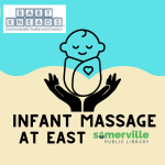 Blue and yellow background with black line art of swaddled baby cradled by 2 hands. Black text reads