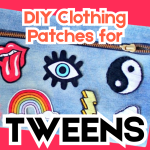 A photo of a jean jacket covered in patches with "DIY Clothing patches for tweens" overlayed