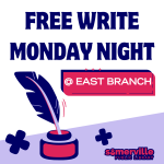 A white background with a light purple polygon across the bottom is overlayed by Free Write Monday N