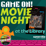 A bright orange film reel projects the movie cover to Clue (1985), with hot pink theater seats at th