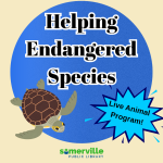A graphic promoting a "Helping Endangered Species" live animal program at the Somerville Public Libr