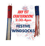 A photograph of two windsocks in red, white, blue with fireworks graphics behind. Text reads July 1s