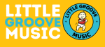 yellow background with Little Groove Music in bold letters and a dancing baby in a red shirt and whi