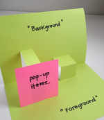 Lime green and pink paper illustrating how a simple pop-up is made: labelled with the words backgrou