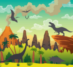 colorful illustration of prehistoric scene with volcano erupting and silhouettes of dinosaurs & pter