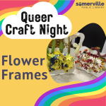Rainbows cover the top left and bottom right corners of the yellow background. Queer Craft Night app