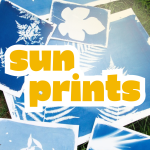 A square image of white-and-blue sun prints on grass, with text saying "sun prints" overlayed in the