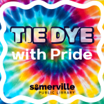 A rainbow tie-dye spiral in the background, with text in the foreground reading, "tie-dye with pride