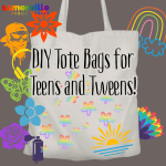 A tote back covered in stencils in rainbow colors, over which "DIY Tote Bags for Teens & Tweens" is 