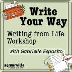 Illustrations of a typewriter and disembodied hand writing on paper, with text reading write your wa