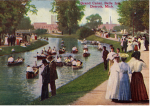 The Grand Canal of Belle Isle in Detroit with people boating, walking, likely from early 1900s.