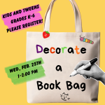 yellow background, canvas tote bag with drawings and words that spell out decorate a book bag, with 