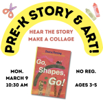 image of picture book Go, Shapes, Go by Denise Fleming with black text and yellow background