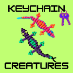 bright green background, two colorful beaded lizards, with keychain creatures words