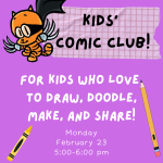 purple background with cat kid and large letters for kids comic club