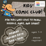 dog man introduces comic club with scrapbooking accents on a black background