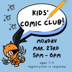 light blue background, little petey in foreground with bubble callout saying kids comic club