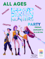 KPop Demon Hunters Party Jan 2 from 12:00 to 1:30 pm Wiggin Memorial Library