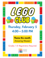Lego Club Thursday, February 5, 4:00—5:00 PM Wiggin Memorial Library