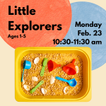 red and blue circles with a yellow sensory bin filled with sand, pasta, spoons and funnels