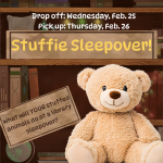 photo of a teddy bear in foreground, with illustrated bookshelves behind