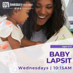 A baby sits on a caregiver's lap and listens to a story.