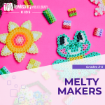 A variety of perler bead projects on a pink background, including a flower and a smiling frog.