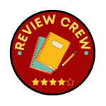 Dark red circle with a black outline with two notebooks, one yellow and one light turquoise, and the
