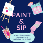 Cartoon drawings of a paint easel, a mocktail glass, and paint containers around the words "teen pai