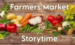 A photo of vegetables on a wooden plank background with the text Farmers Market Storytime