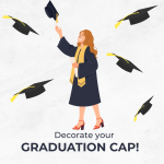 A cartoon girl in dark blue graduation robes tossing her graduation cap in the air, surrounded by bl