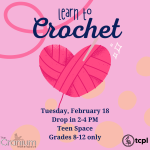 A cartoon crochet heart with a crochet hook through it and description of event.