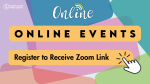 colorful squares behind the text: online events / registration required