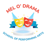 A logo for Mel O'Drama School of Performing Arts featuring two drama masks, both smiling, one yellow
