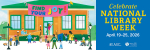a brightly colored library with "find your joy" on a banner and people outside of it; to the right, 