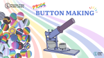 Pins and a button maker overtop a rainbow background