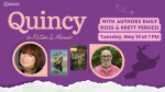 each author's portrait in a frame that evokes points on a map next to the cover of their book with a