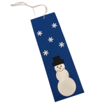 A photo of a blue bookmark with snowflakes and a snowman glued on