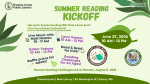 "Join us for our Summer Reading kickoff party on the Olmsted Lawn for all age groups!" leaves and li