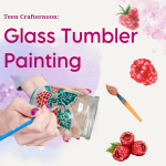 A hand paints red-and-green raspberries onto the side of a glass tumbler, surrounded by cartoon imag