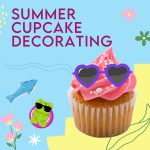 A cupcake with pink frosting and white sprinkles sits on a blue-and-yellow background, wearing a pai